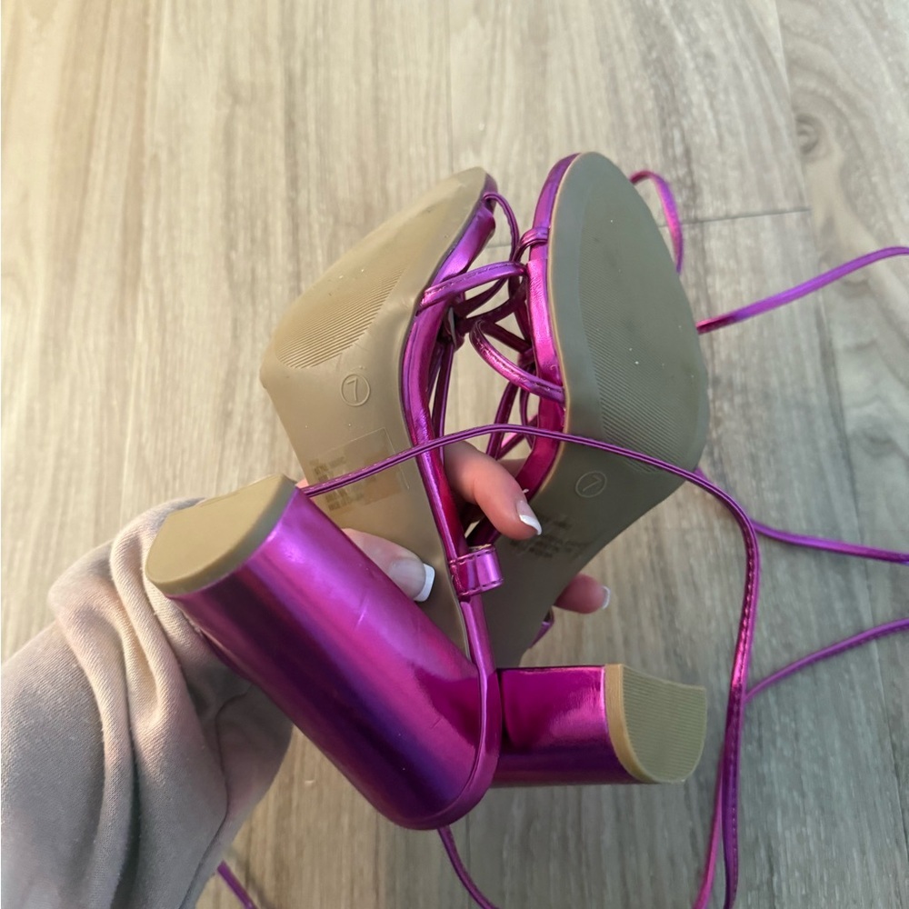 Lulus Hot Pink Metallic Lace Up Heels - Picture 2 of 6